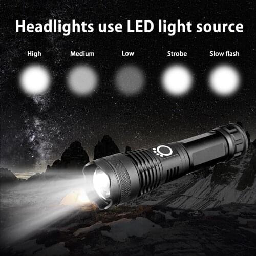 P50 Super Bright LED Flashlight P70 P90 5 Lighting Modes Telescopic Zoomable T6 light By 26650 Battery for outdoor Camping