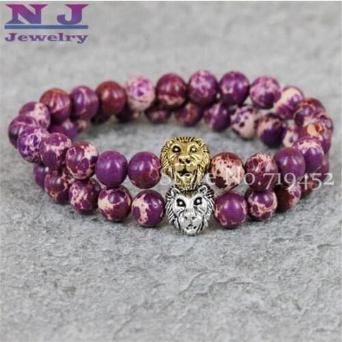 2015 New Arrival Men Jewelry Wholesale 8mm Purple Sea Sediment Stone Beads Antique Silver and Gold Lion Bracelets Gift