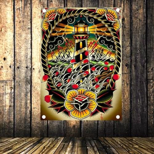 Last Port Vintage Banners Flag Canvas Painting American Neo Traditional Tattoo Gun Art Poster Tapestry 4 Gromments in Corners