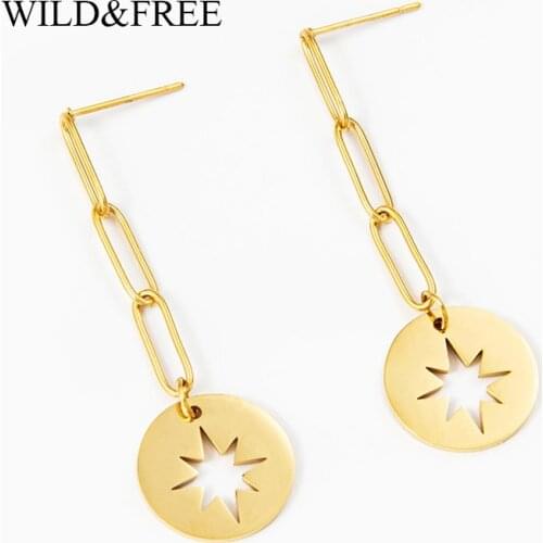 Wild&Free Vintage Round Dangle Earrings For Women Stainless Steel Long Chain Hollow Out Star Shape Gold Drop Earrings Wholesale