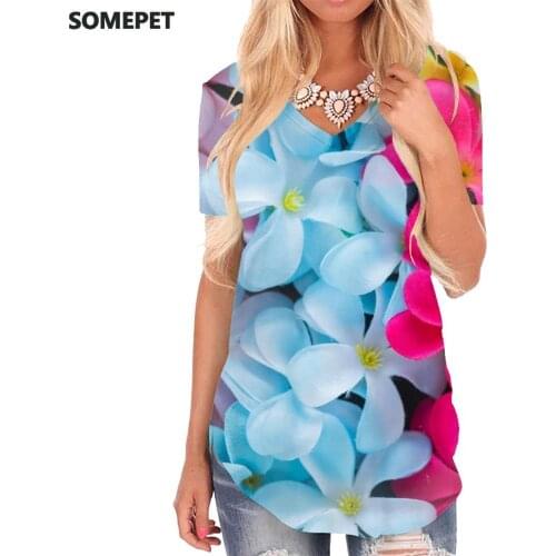 SOMEPET Flowers T-shirt women Gradient Shirt Print Colorful V-neck Tshirt Womens Clothing Fashion Cool New High Quality