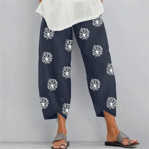 Women Trousers Vintage Printed Harem Pants Elastic Waist Cotton Linen Wide Leg Pants Summer Loose Pant Plus Size Pantalon #T1Q