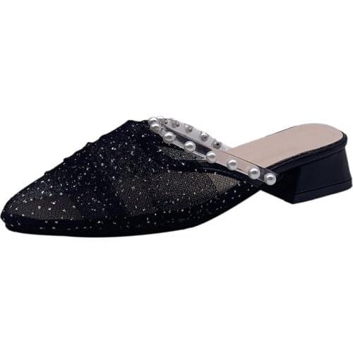 Ladies Slippers 2021 Summer New Korean Sweet Soft Mesh Pearl Low Heel Lightweight Comfortable Baotou Half Drag Fashion Hot Sale