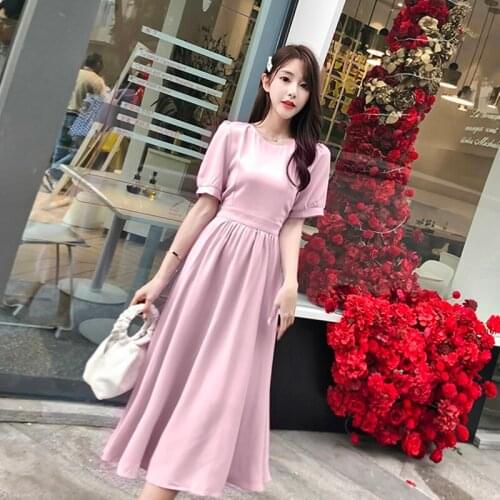 2020 Summer New French Retro Dress Round Neck Short Sleeve High Waist Solid Color Pink Over Knee Dresses Vestidos Largos