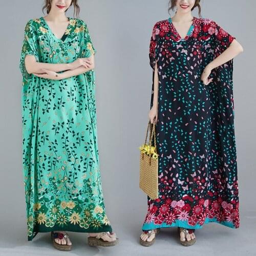 Extra Large Size Womens Clothing Loose Literary V-Neck Floral Dress 2021 Summer Short Sleeve Vintage Printed Casual Robes zh718