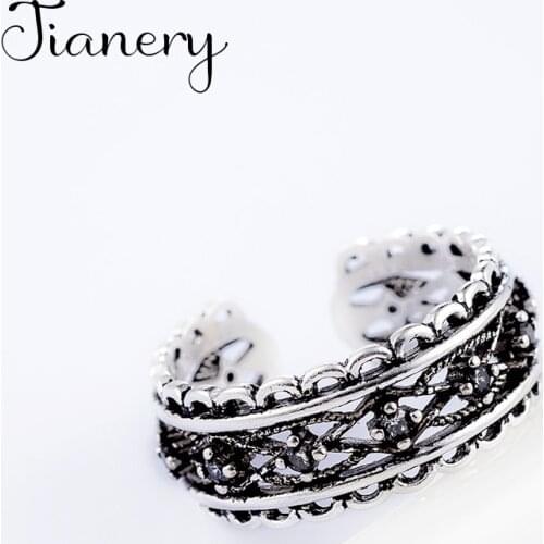 Personality Handmade Woven Thai Silver Color Rings With Black Stone Jewelry For Women Wholesale