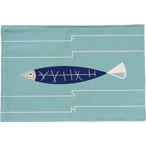 1Piece Cotton Linen Mediterranean Fish Pattern Table Mat Rectangular Heat-insulated Place Mats