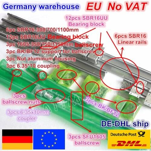 3set Linear Rails SBR16 L-300/700/1100mm & 3set Ballscrew SFU/RM1605-350/750/1150mm & Nut & 3set BK/B12 & Coupler for CNC Router