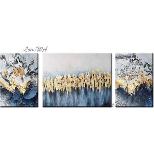 3 Panels Canvas Art Gold Foil Abstract 100% Hand-painted Oil Painting Wall Art Pictures Entrance Home Wall Decoration Piece