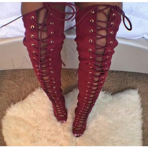 BERZIMER SUPER Women Over Knee Boots Spring Summer Suede Heels Tall Boots Zapatos Mujer Burgundy Shoes Woman Large Size 39 47 52