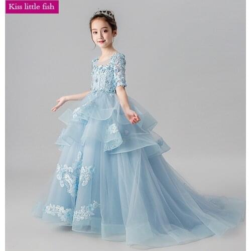 Free Shipping Light Blue Flower Girl Dresses for Weddings Lace Flower Girls Dresses for Party and Wedding