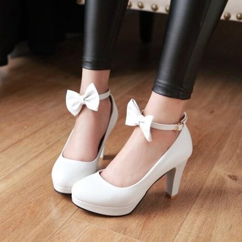 Big Size platform heels women shoes woman pumps ladies Button bold-heeled bow with pointed and shallow mouth