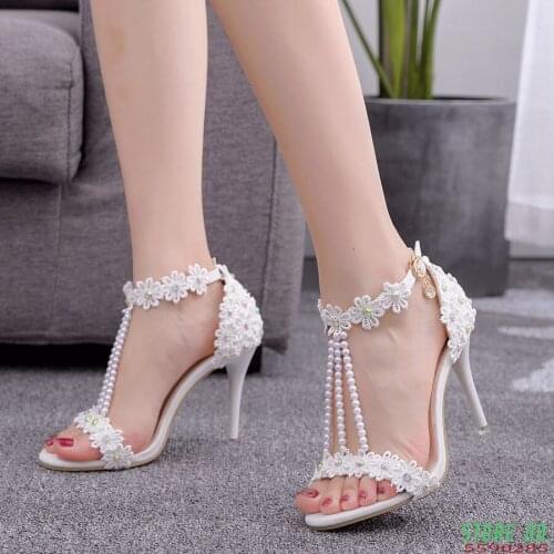 Flower high heels women lace wedding shoes bride white pearl pumps for women high heel pumps with ankle strap open toe heels11cm