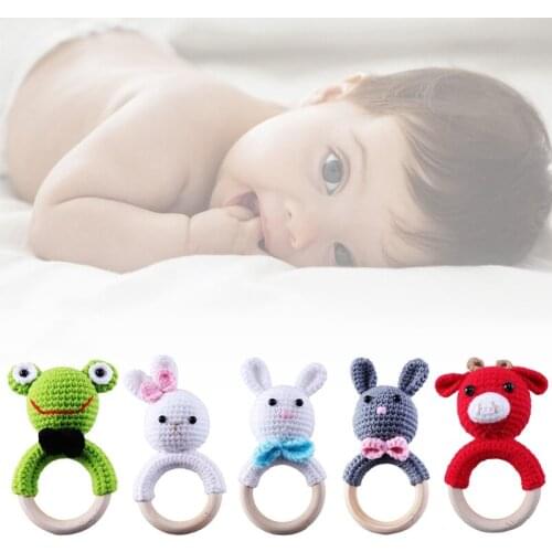Baby Rattle Wooden Animals Designs Hand Grip Shaking Toys Safe Braided Teething Ring for Baby Boys Girls Baby Shower