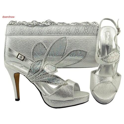Doershow Italian Shoes with Matching Bags for Women Nigerian Women Wedding Shoes and Bag Set Decorated with Rhinestones SFG1-28