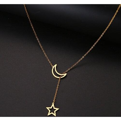 DOTIFI For Women Necklaces Double Pendant Long Chain Moon Star Stainless Steel Necklace Jewelry