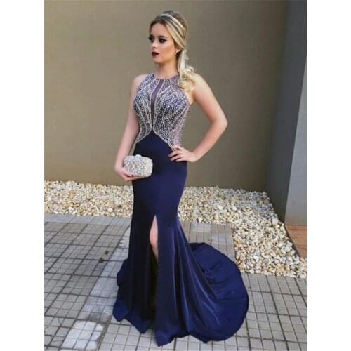 Elegant Beads Crystals Navy Blue Prom Dresses Sexy Open Back Evening Party Dresses With Slit Robe De Soiree