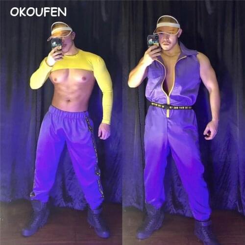 Purple hiphop one piece Overalls Nightclub bar men Ds Tooling costumes Stage show performance dance outfit