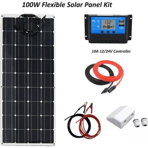 Flexible Solar Panel System 100W plate CELLS Monocrystalline silicon Panels+10A LCD solar charge controller+cable+cable gland
