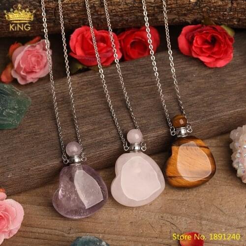 Faceted Raw Gems Stone Heart Shape Essential Oil Diffuser Perfume Bottle Pendants Plated Silvery Necklace For Girlfriend Gift