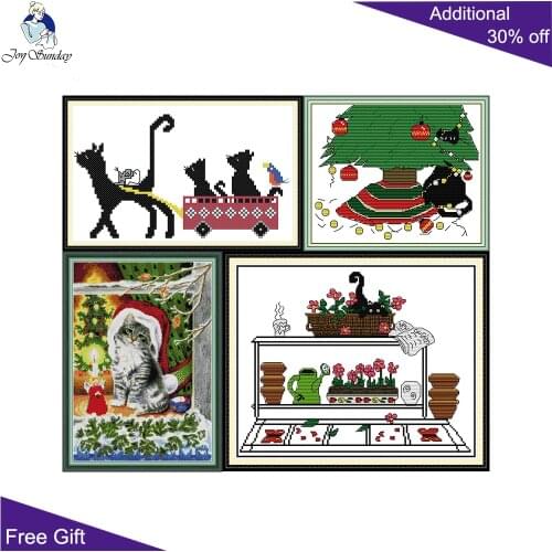 Joy Sunday Black Cat DA421 DA422 DA425 DA429 Home Decor Free Ride Christmas Surprise Kitten Garden Cats Cross Stitch Kits