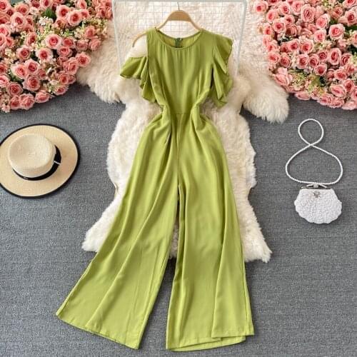 Summer Women Jumpsuits Elegant Solid Round Neck Ruffle Sleeve Wide Leg Pants Casual Rompers Playsuits Female Outfit
