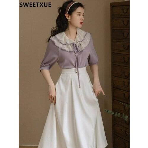 SWEETXUE Women Fashion Vintage Summer 2021 New French Elegant Fairy Ruffled Purple Blouse + High Waist Skirt Two-Piece Suit&Set