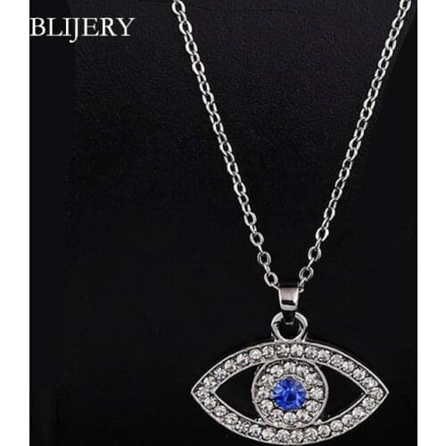 BLIJERY Elegant Silver Plated Blue Crystal Rhinestone Evil Eye Pendant Necklaces for Women Girls Fashion Jewelry Birthday Gifts