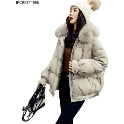 2021 Winter Jacket Women Loose Oversized Womens Parka Natural Fox Fur Collar Solid Black Female Down Coat