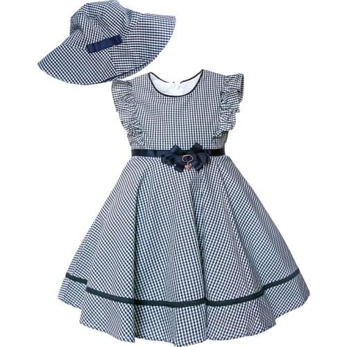White Black Plaid Girls Summer Dress with Hat Vintage Design Beach Children Dresses 100% Cotton Casual Kids Clothes Girls 2-7Y