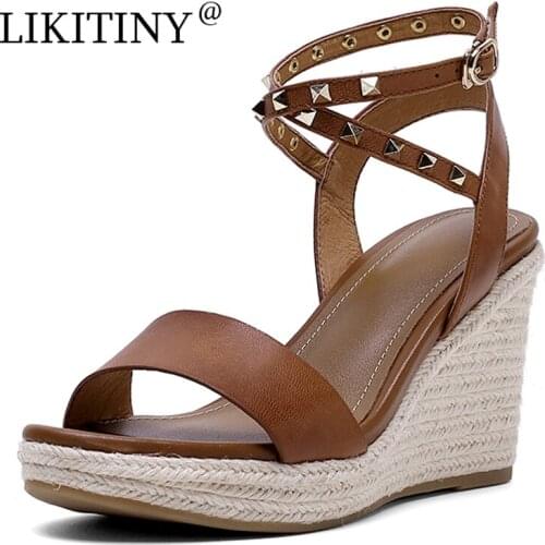 LIKITINY 2021 Summer Retro Rivets Sandals Womens shoes Genuine leather Buckles strap Wedges Ladies open toe sandals high heels