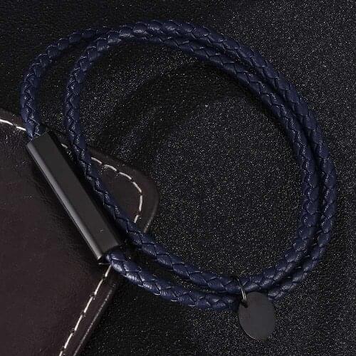 Fashion Stainless Steel Charm Magnetic Men Bracelet Dark Blue Leather Braided Punk Bangles Jewelry Accessories BB0693
