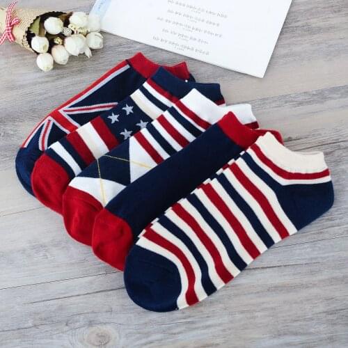 Summer Autumn Mens Cotton Socks Fashion Flag Stripe Star Rhombus Multi Pattern Simple Design Casual Breathable Sweat Boat Sock