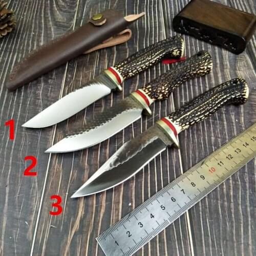 Handmade forged Damascus steel hunting knife 60HRC Damascus Steel fixed knife Antlers handle with Leather sheath Tools