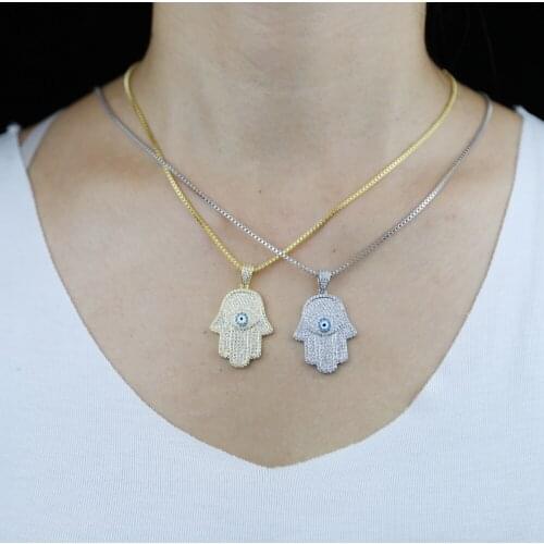 Iced out Cz Fatima Hamsa Hand Pendant Necklace For Men Women Turkish Evil Eye Amulet Jewelry Gift Fashion Hiphop Chain Necklace