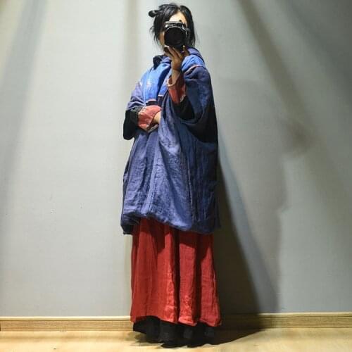 Women Loose Patchwork Linen Parkas Ladies Vintage Flax Spliced Parkas Female 2020 Autumn Winter Padded Tops Coat