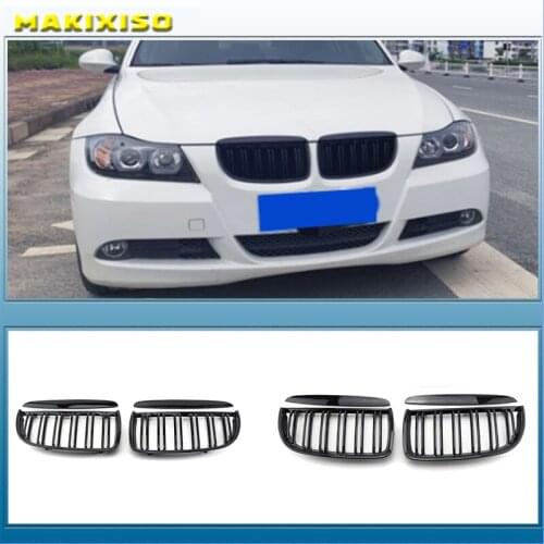 Front Kidney Grille Hood Grills -Double Line for BMW E90 323I 328I 335I 330I 325I 3-Series 2005-2008 (Gloss Black)