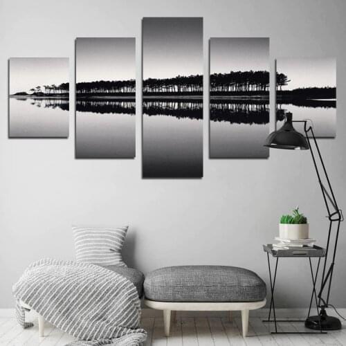 Tree Reflected In Water Black And White Landscape Pictures Wall Art Canvas Painting Posters 5 Panel Living Room Home Decor
