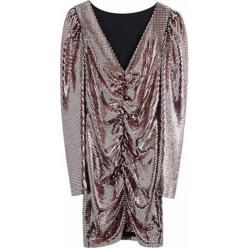 Evfer Autumn Sexy Lady Shinny Sequined High Waist Za Mini Dresses Women Fashion V-Neck Long Puff Sleeve Pleated Party Dress Chic