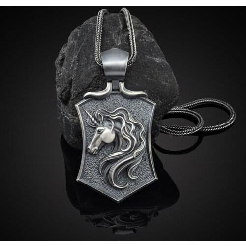 Unicorn Shield Mens Pendant Necklace Trendy Male Hip Hop Retro Sweater Chain Wild Long Mens Ring