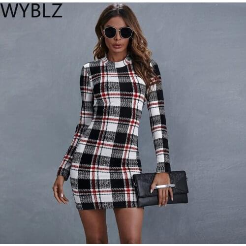 WYBLZ Casual Long Sleeve Bodycon Dress Plaid Print Elegant Office Dress for Women High Waist Slim Streetwear Party Club Women