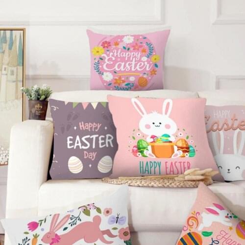Pink Cute New Style Bunny Easter Print Pillowcase Rabbit Sofa Cushion Protective Cover Decor Gift for Car Cafe Hotel Accessories