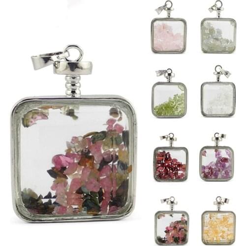 Natural Crystal Gravel Wishing Bottles Pendant Necklace Jewelry Square Shaped Drifting Bottle Car Bag Keyring Hanging Accessory