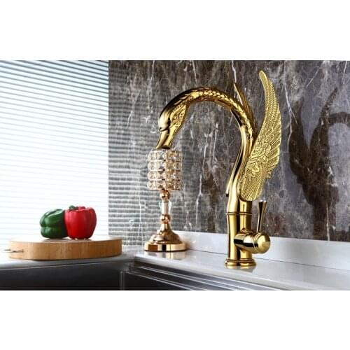 Classic Swan Shape Single Hole Brass Bathroom Vessel Basin Sink Faucet Water Tap Gold color deck mounted tall faucet