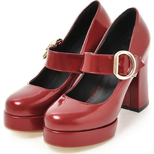 New Patent Leather Women High Heels Mary Jane Shoes Womens Red Black Heels Office Party Wedding Pumps Shoes Large Size 44 45