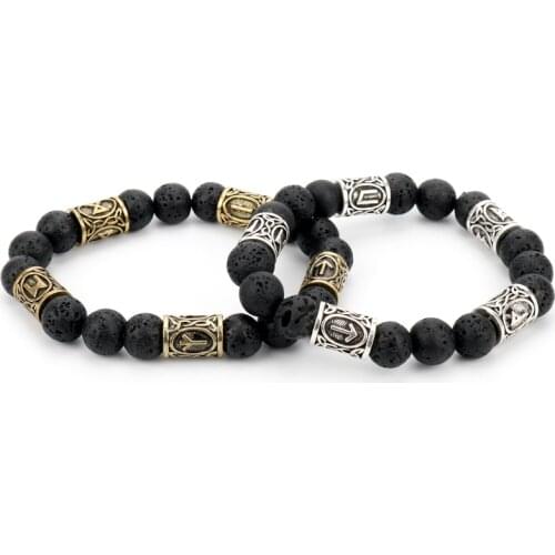 Vintage Volcano Lava Stone Beads Bronze Color Viking Rune Bracelet New Fashion Charm Male Bangle Jewelry Gift