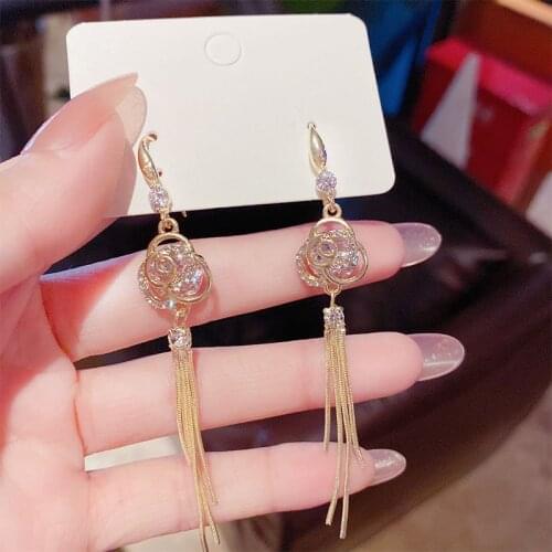 South Korea Dongdaemun crystal zircon rose flower tassel earrings round face was thin and temperament net red long earrings