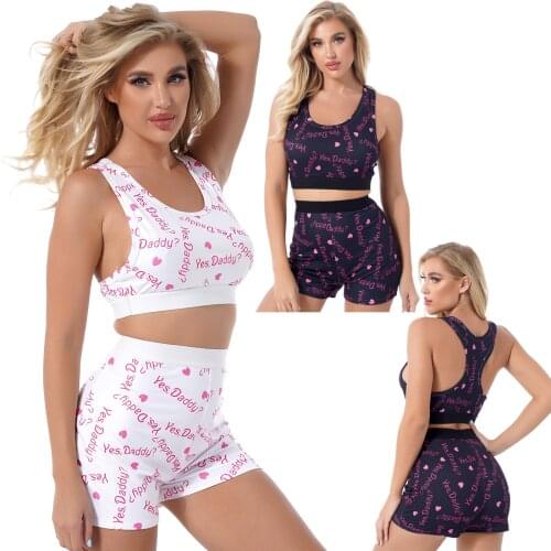 Women Two-Piece Sleepwear Letter Print Pajamas Set Summer Elastic Sports Yoga Outfits Cropped Tank Top with Shorts Loungewear
