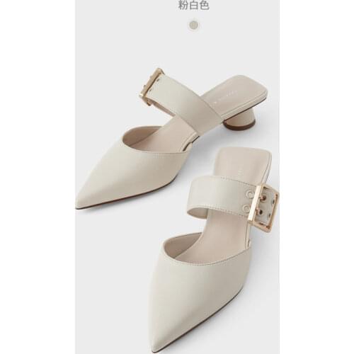 LMCAVASUN 2021 Spring New Ladies metal square buckle Pointed Toe Mules Thick heel sandals High heel slippers