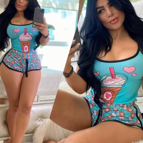 2021 Summer Casual Home Two Piece Shorts Sets Women Cute Milk Tea Print Sleeveless Crop Top Sexy Pajamas Sleepwear Outfits